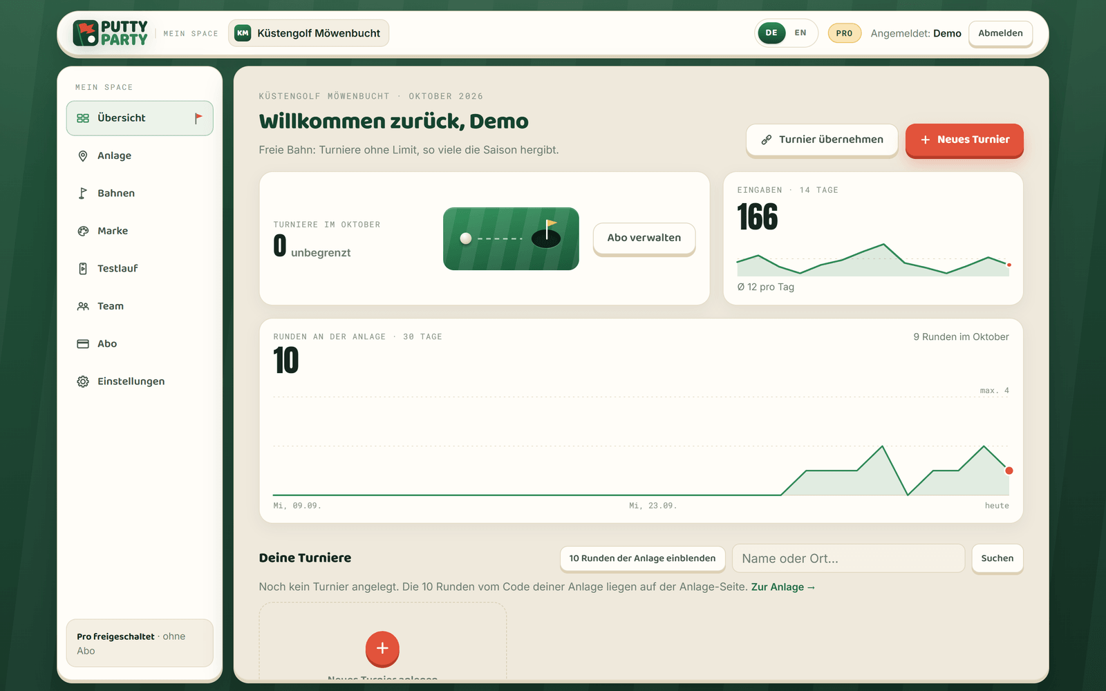 Die Übersicht in der App: Turniere, Eingaben und Runden an der Anlage auf einen Blick