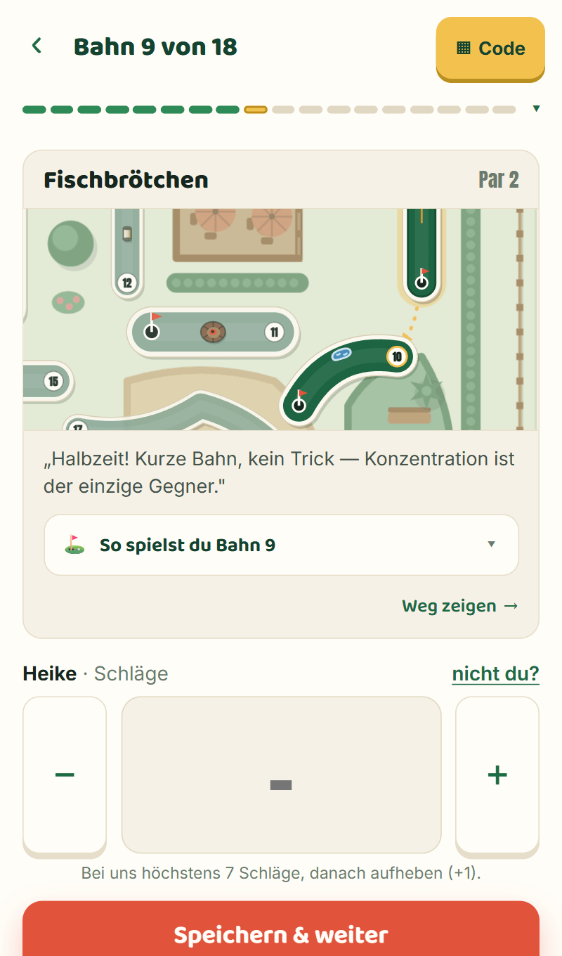 Eine Bahn im Gäste-Modus: Karte, Par, Tipp und die Schlag-Eingabe