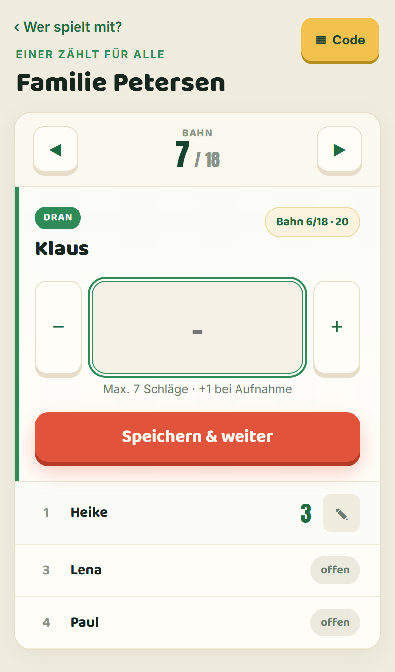 Eine:r aus der Gruppe trägt die Schläge aller Bahn für Bahn ein